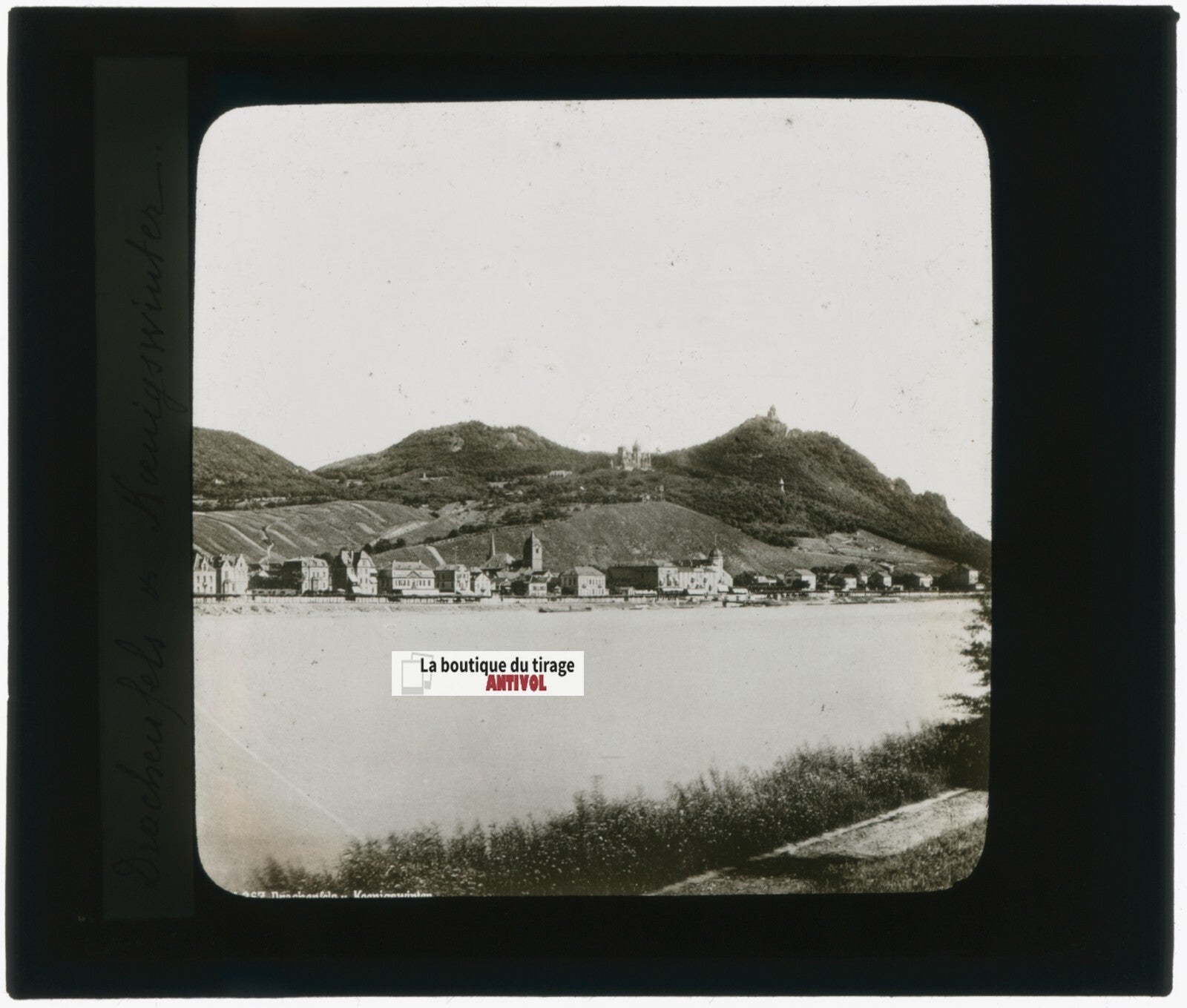 Drachenfels et Königswinter, photo verre, noir & blanc, positif 8,5x10 cm
