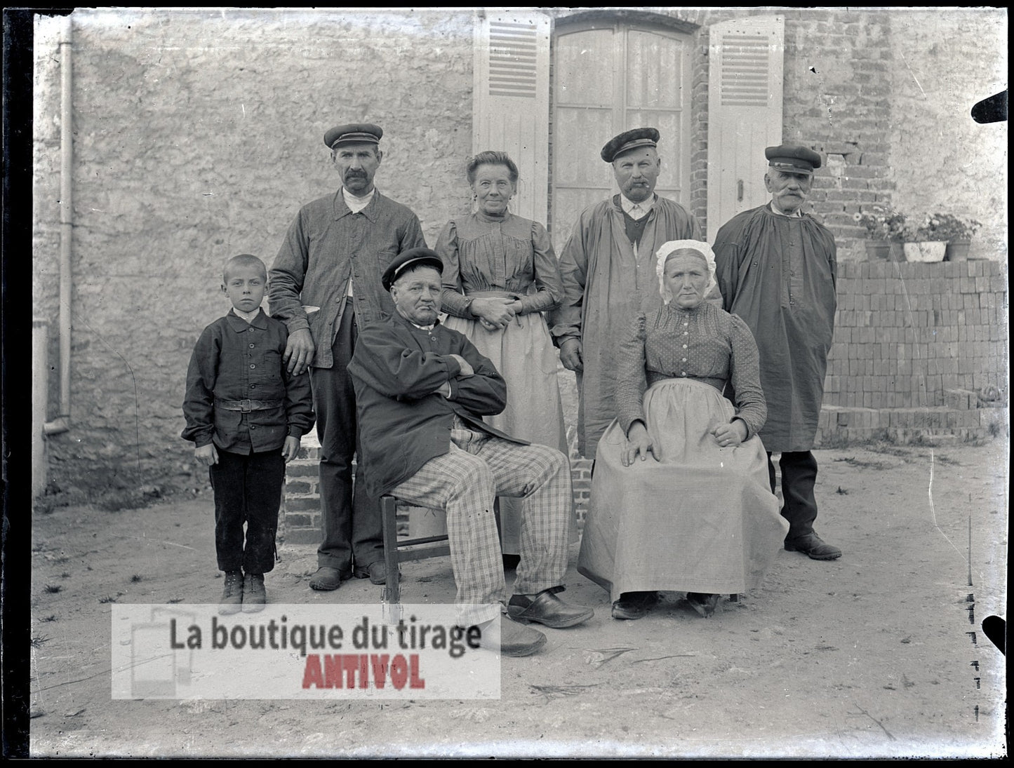 Famille, village France, campagne, plaque verre, photo ancienne, négatif 9x12 cm
