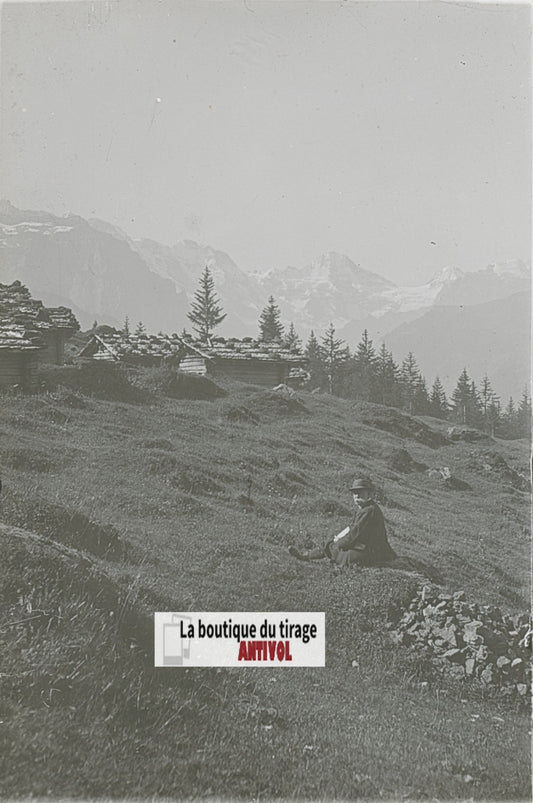 Paysages, Alpes Suisse, stéréo photo plaque verre, noir & blanc, 9x12 cm
