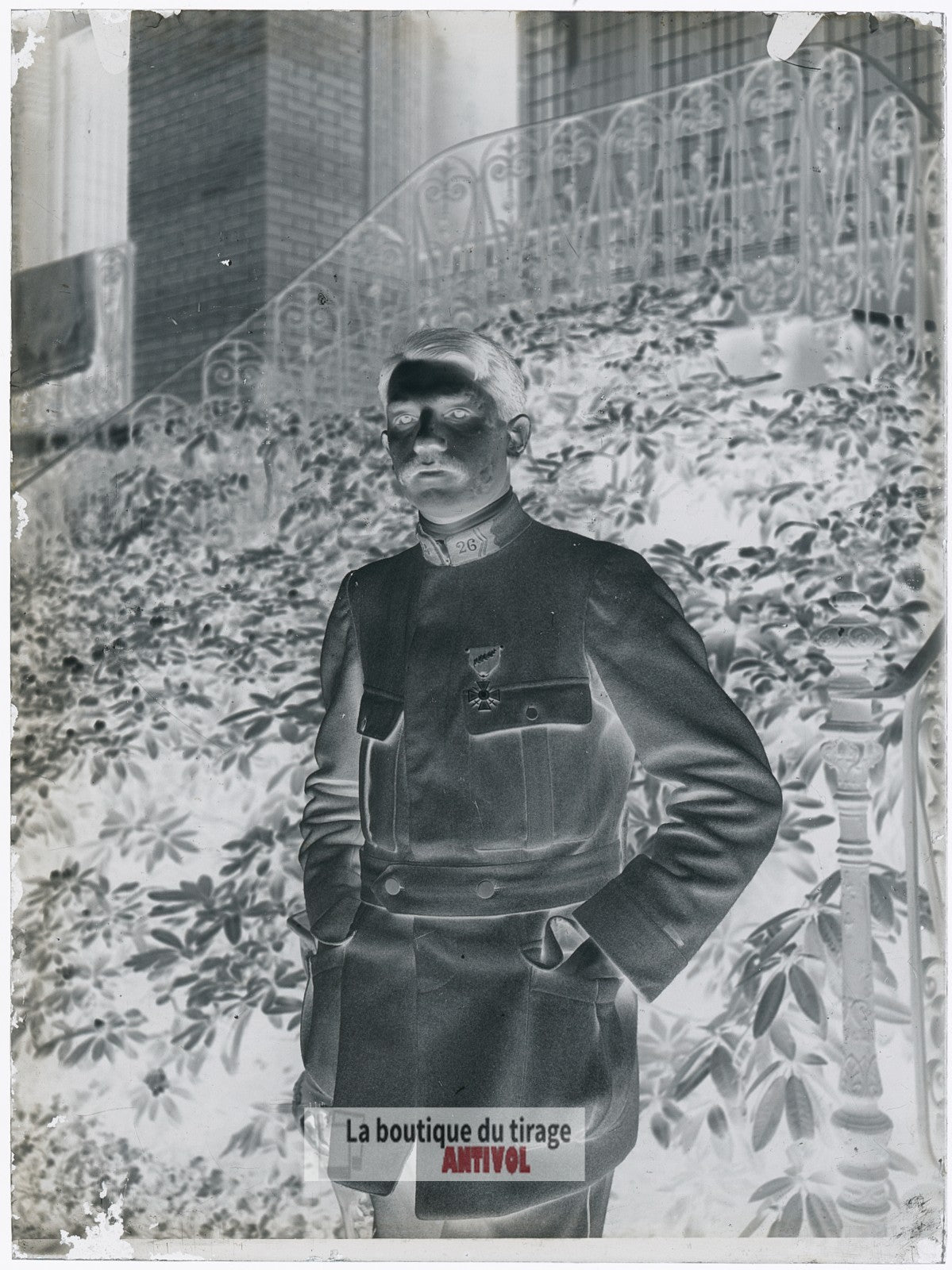 Officier du 26ᵉ régiment, soldat, plaque verre, photo ancienne, négatif 9x12 cm