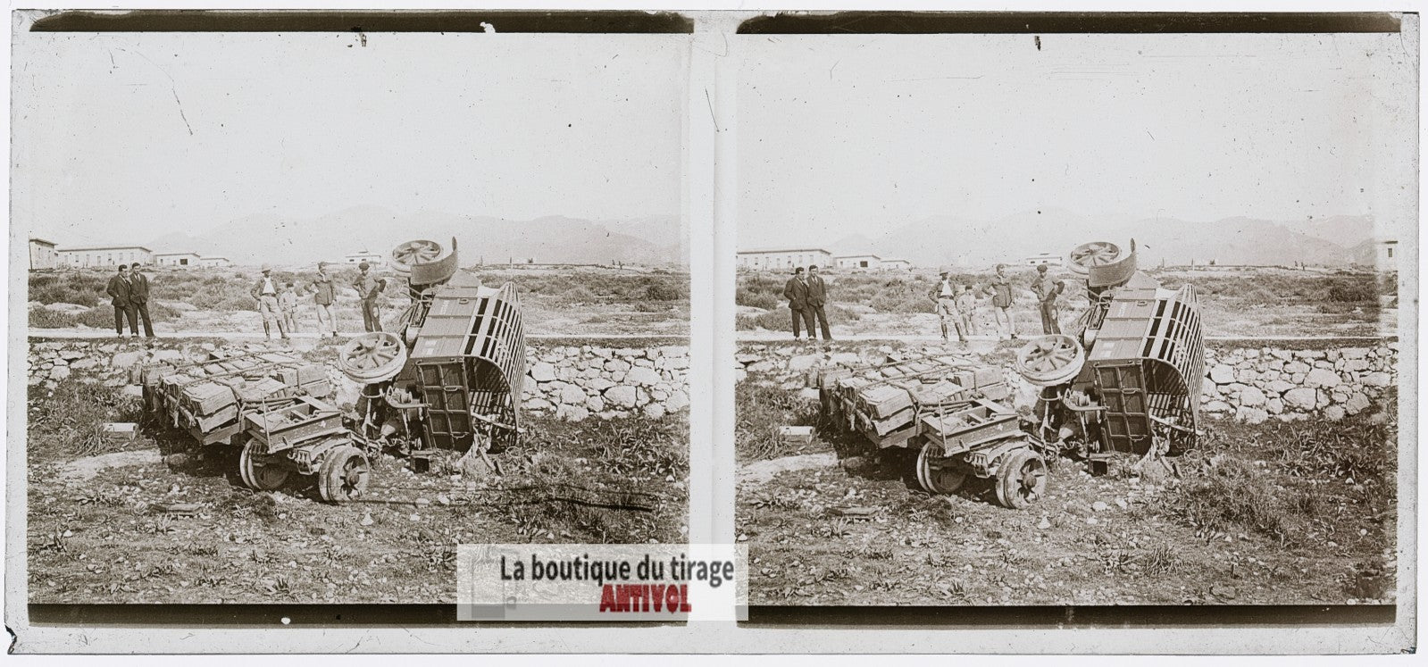 Accident de camion militaire, plaque de verre, photo ancienne stéréo 6x13 cm