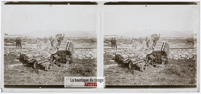 Accident de camion militaire, plaque de verre, photo ancienne stéréo 6x13 cm