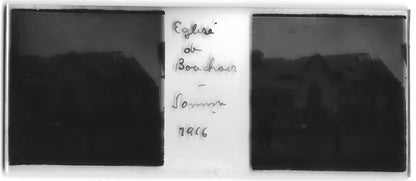 Bouchoir église, Plaque verre stéréo, positif ancien noir & blanc 4,5x10,7 cm