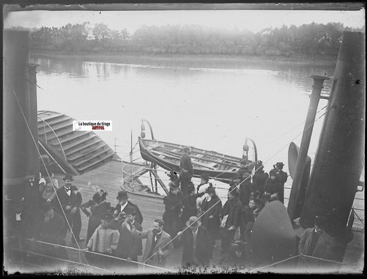 Bateau, voyage, Plaque verre photo ancienne, négatif noir & blanc 9x12 cm