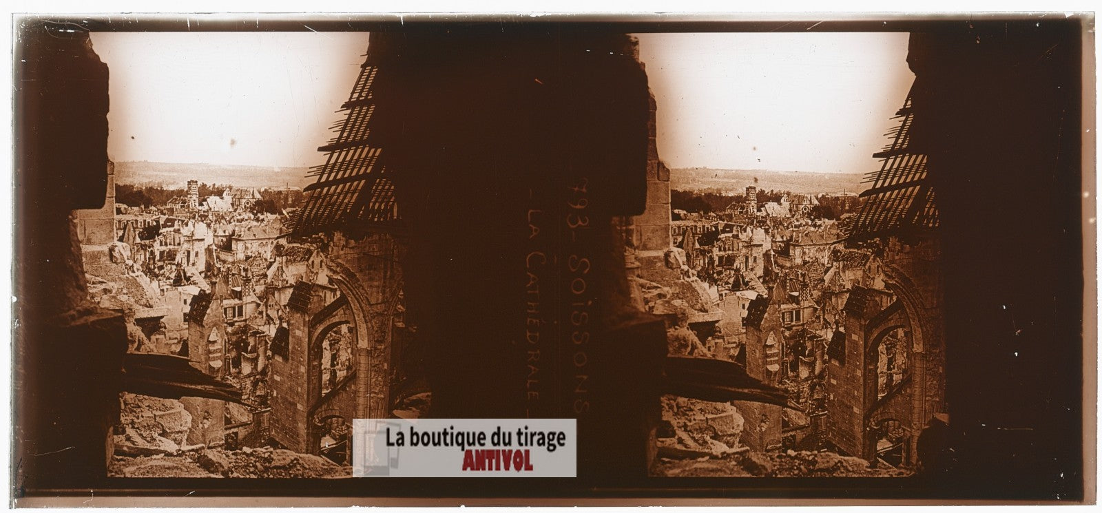Soissons, Cathédrale, guerre WW1, plaque verre photo ancienne stéréo 6x13 cm