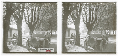 Voiture, soldats, guerre WW1, plaque verre photo ancienne stéréo 6x13 cm