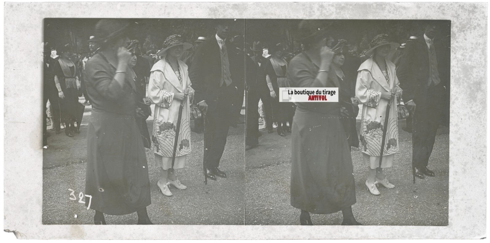 Scène de vie, Longchamp, Paris, plaque verre stéréoscopique, positif 8,5x17 cm