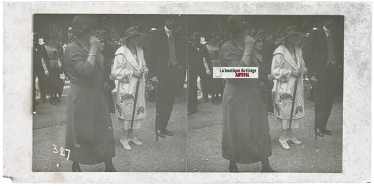 Scène de vie, Longchamp, Paris, plaque verre stéréoscopique, positif 8,5x17 cm