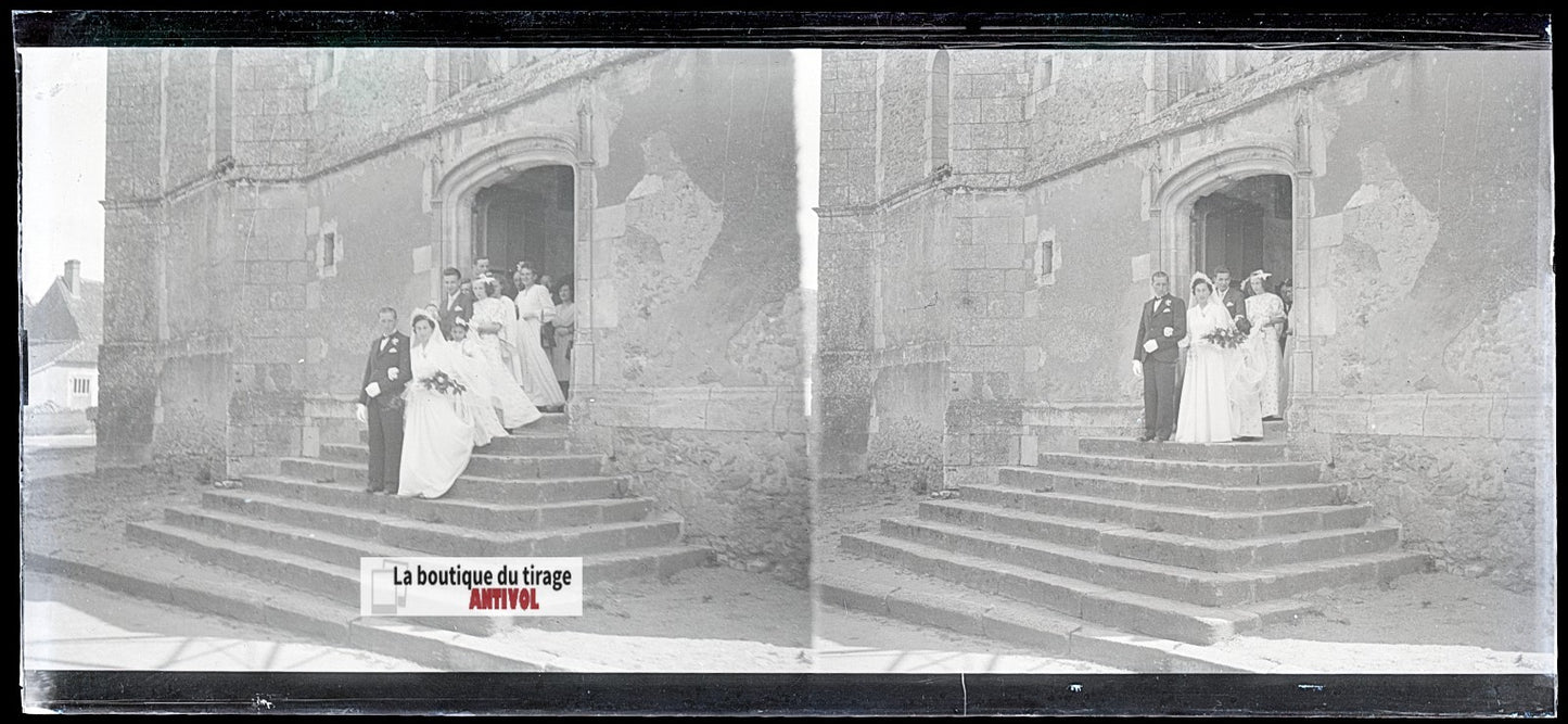 Mariage, village France, plaque verre, photo ancienne, négatif N&B 6x13 cm