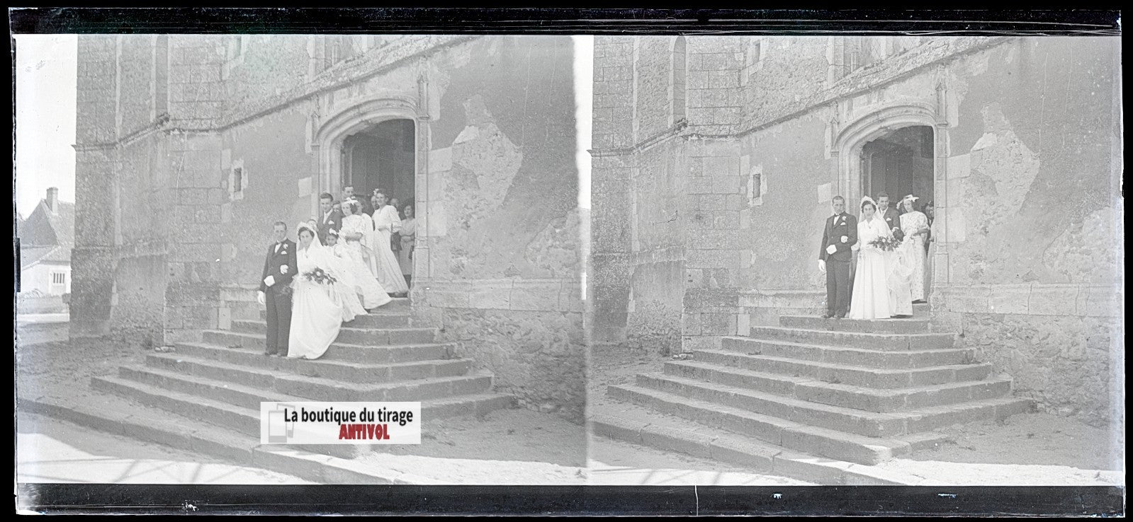 Mariage, village France, plaque verre, photo ancienne, négatif N&B 6x13 cm