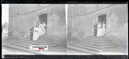 Mariage, village France, plaque verre, photo ancienne, négatif N&B 6x13 cm