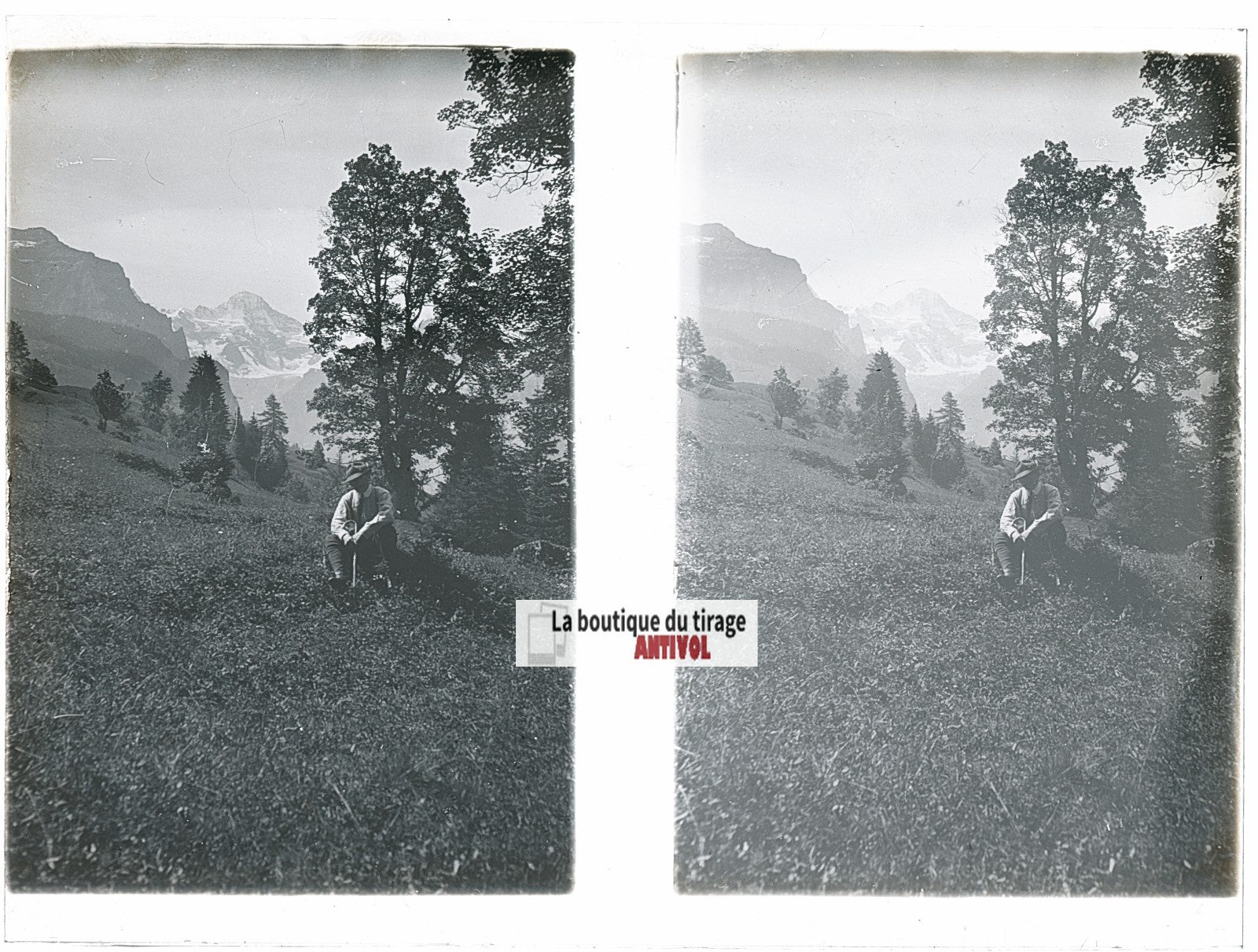 Randonneur, Alpes Suisse, stéréo photo plaque verre, noir & blanc, 9x12 cm