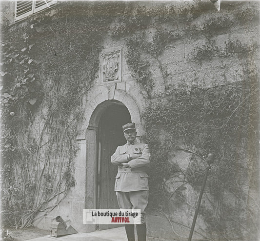 Château, officier, guerre WW1, plaque verre photo ancienne stéréo 6x13 cm