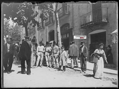 Perpignan, soldats, Plaque verre photo ancienne, négatif noir & blanc 9x12 cm
