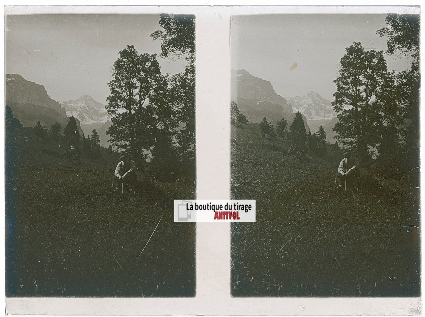 Randonnée, Alpes Suisse, stéréo photo plaque verre, noir & blanc, 9x12 cm