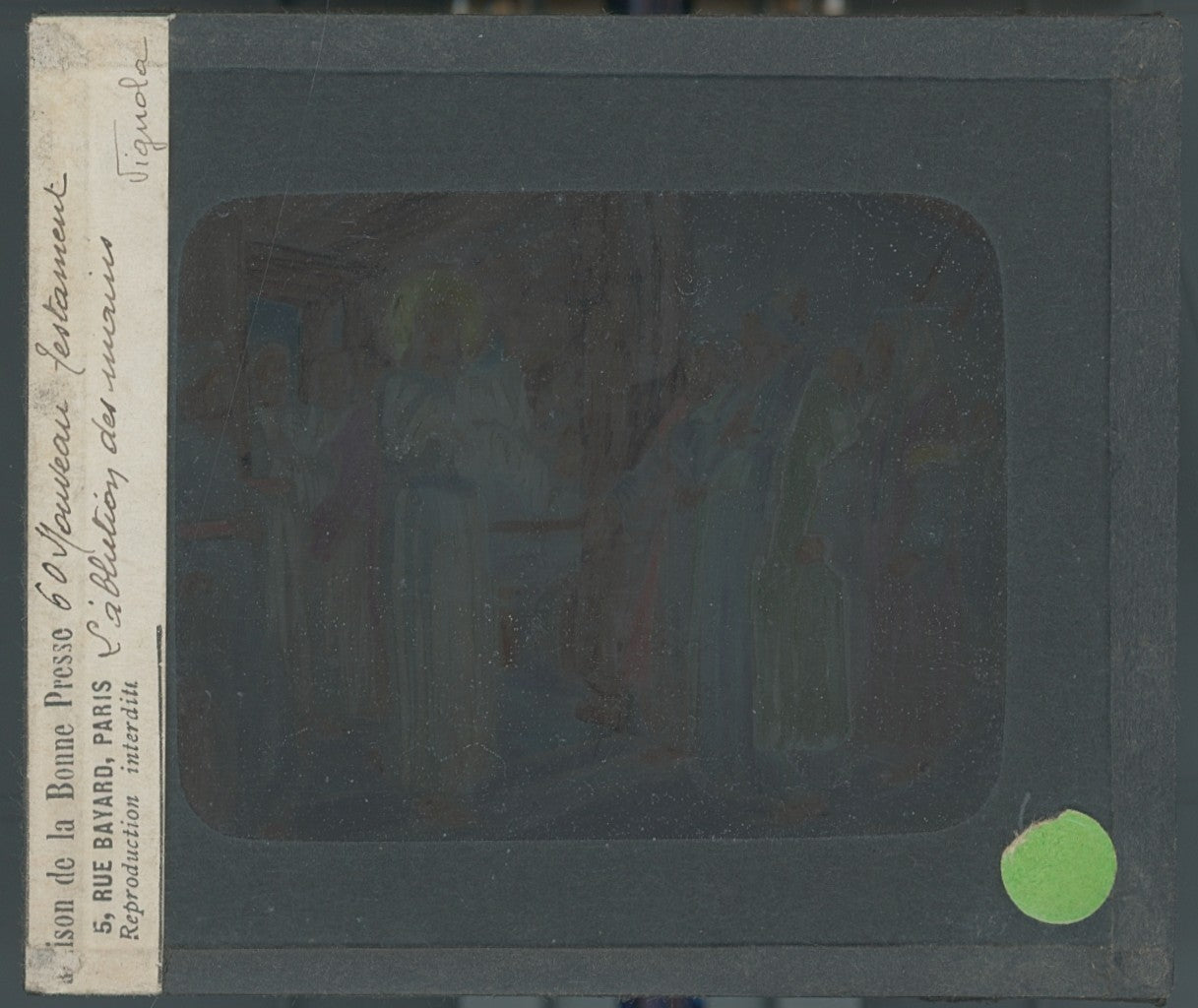 L'ablution des mains, dessin, plaque verre ancienne, couleur 8,5x10 cm