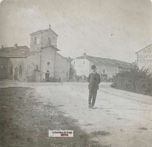 Domrémy-la-Pucelle, église, plaque verre stéréo, photo ancienne 4,5x10,7 cm