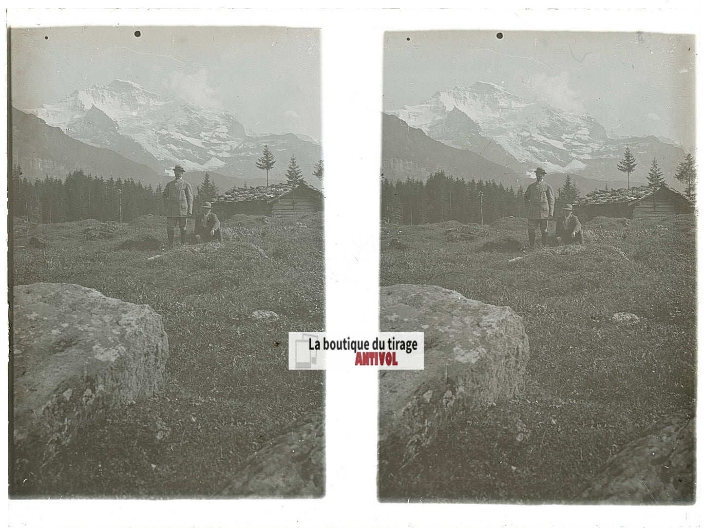 Promenade, Alpes Suisse, stéréo photo plaque verre, noir & blanc, 9x12 cm