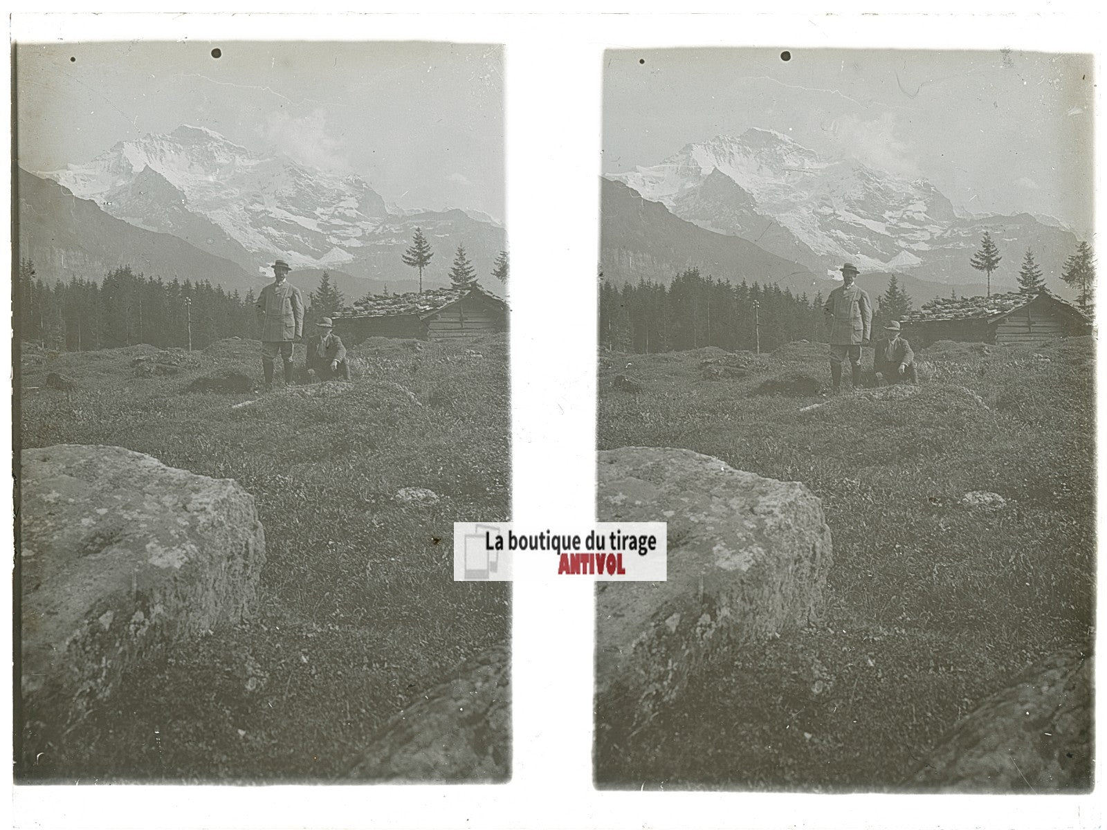 Promenade, Alpes Suisse, stéréo photo plaque verre, noir & blanc, 9x12 cm