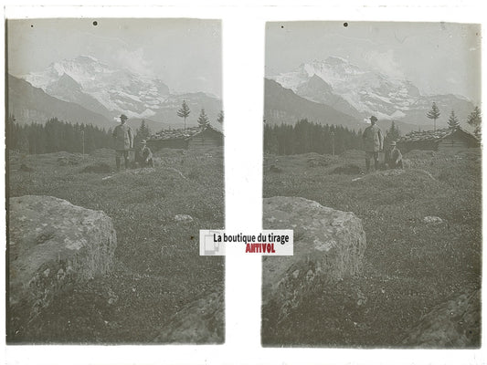 Promenade, Alpes Suisse, stéréo photo plaque verre, noir & blanc, 9x12 cm