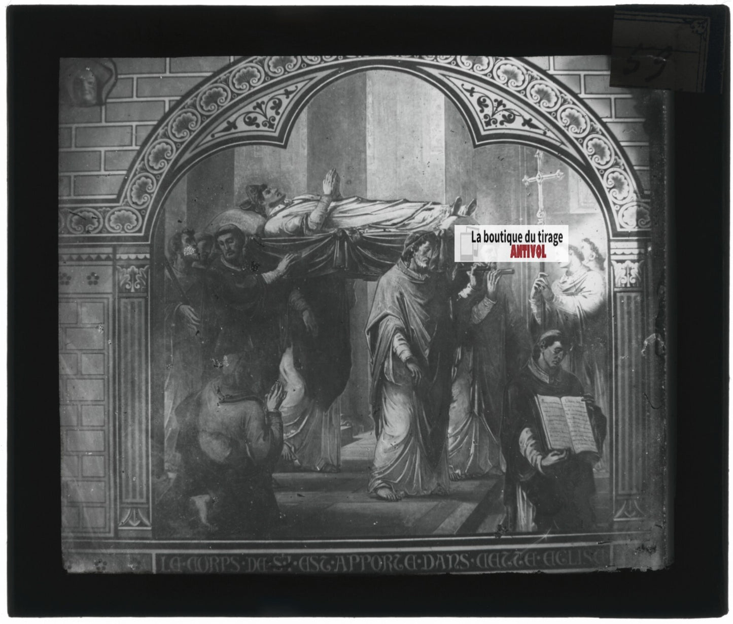 Scène religieuse, religion, dessin peinture, plaque verre, positif 8,5x10 cm