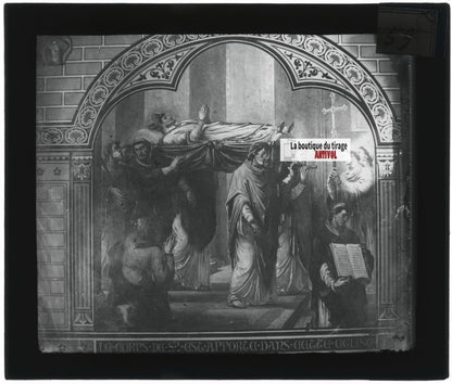 Scène religieuse, religion, dessin peinture, plaque verre, positif 8,5x10 cm