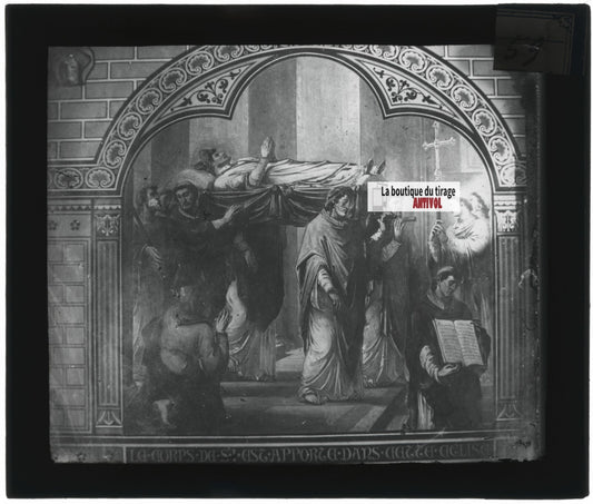 Scène religieuse, religion, dessin peinture, plaque verre, positif 8,5x10 cm