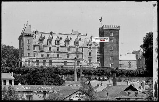 Plaque verre photo vintage, négatif noir & blanc 9x14 cm, façade château Pau