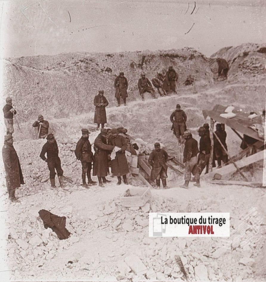 Entrée d’une mine, WW1, plaque verre stéréo, photo ancienne 4,5x10,7 cm