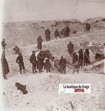 Entrée d’une mine, WW1, plaque verre stéréo, photo ancienne 4,5x10,7 cm