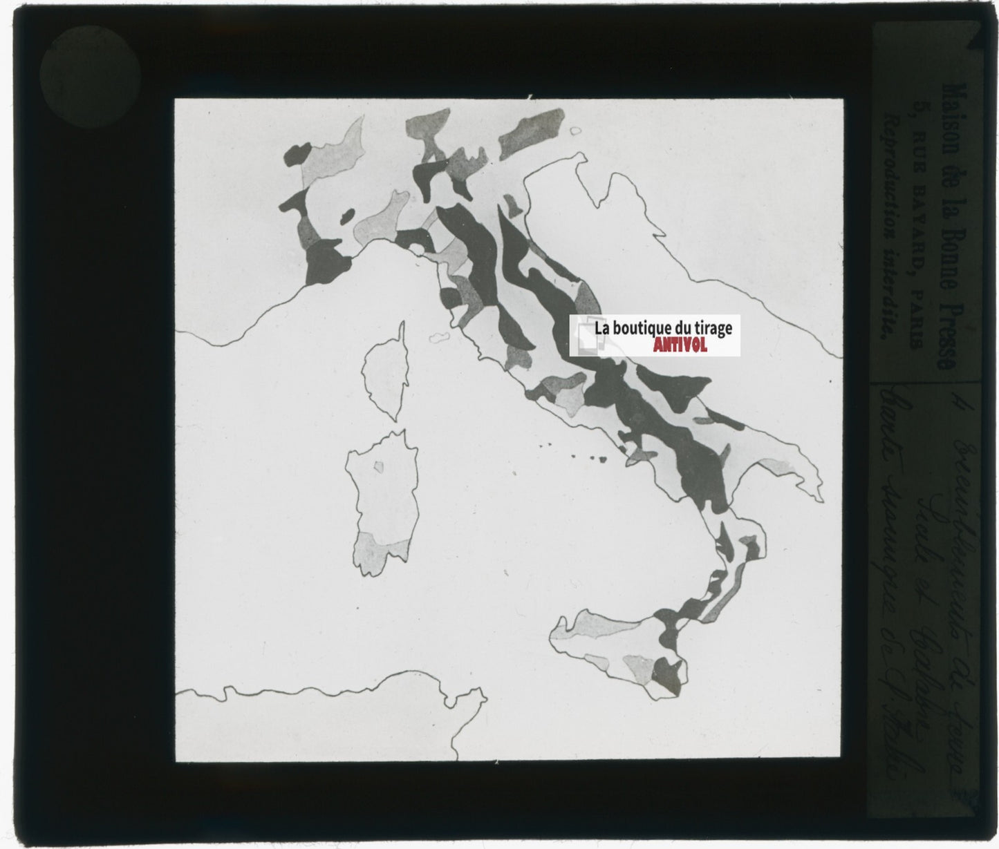 Carte zones sismiques, photo plaque verre, noir & blanc, positif 8,5x10 cm