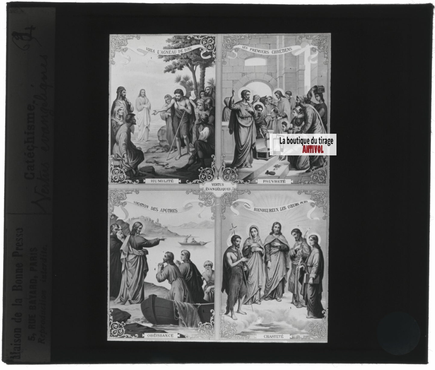 Scène religieuse, catéchisme, dessin peinture, plaque verre, positif 8,5x10 cm