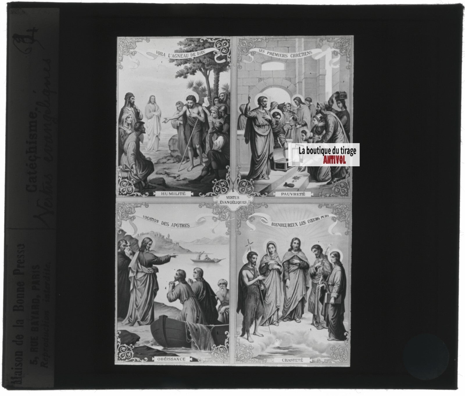 Scène religieuse, catéchisme, dessin peinture, plaque verre, positif 8,5x10 cm