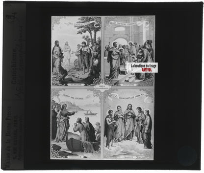 Scène religieuse, catéchisme, dessin peinture, plaque verre, positif 8,5x10 cm