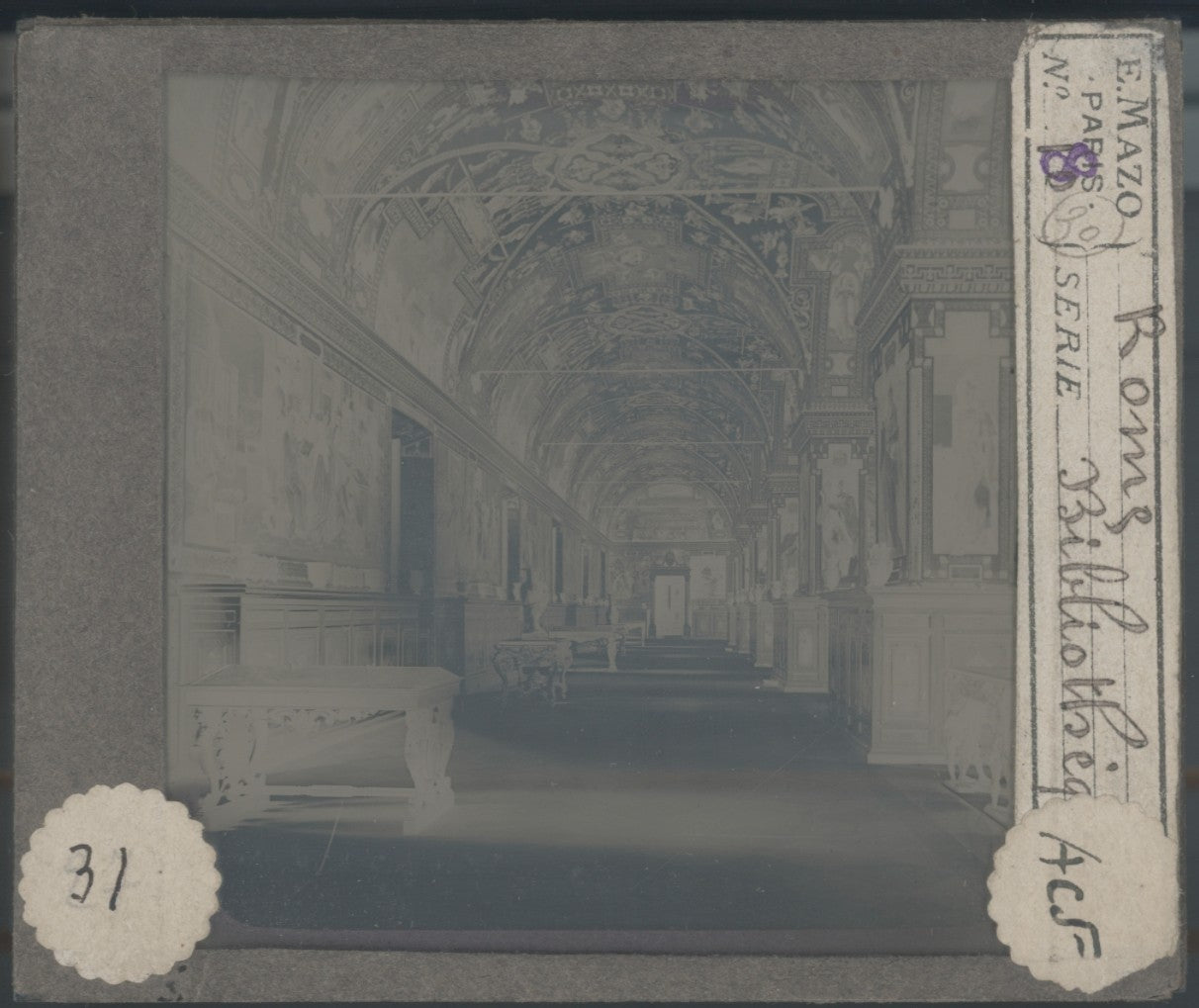 Bibliothèque du Vatican, photo plaque verre, noir & blanc, positif 8,5x10 cm