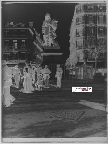 Statue Riquet Béziers, Plaque verre photo ancienne, négatif noir & blanc 9x12 cm