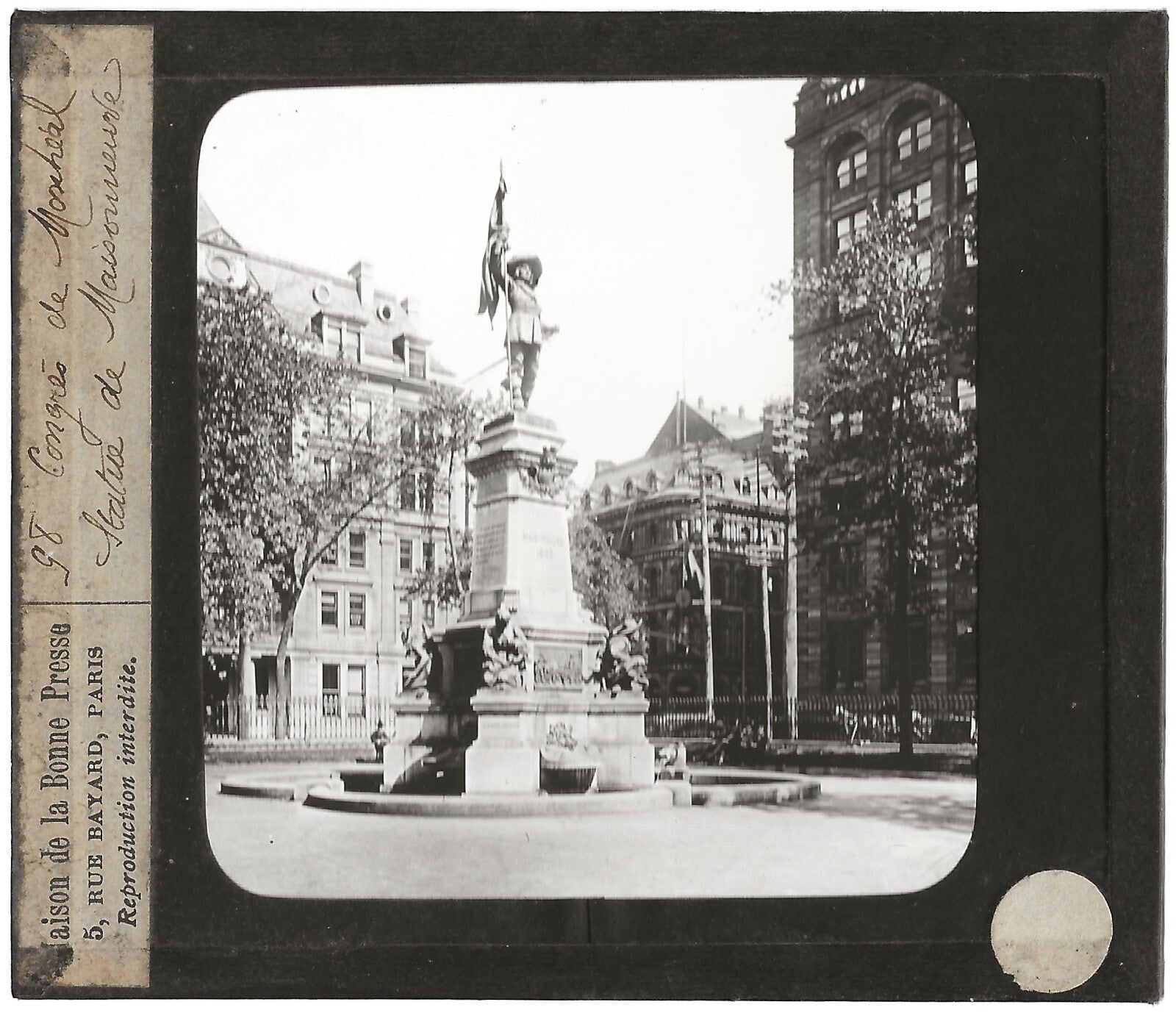 Statue de Maisonneuve, Montréal, photo plaque de verre, positif 8,5x10 cm