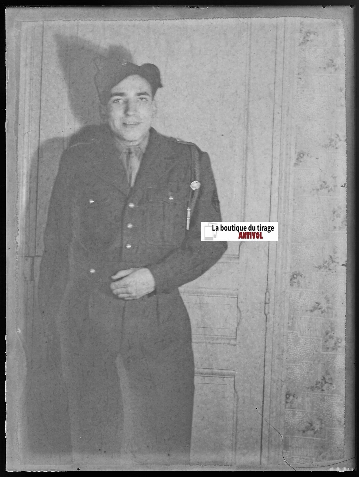 Soldat, uniforme, plaque verre photo ancienne, négatif noir & blanc 9x12 cm
