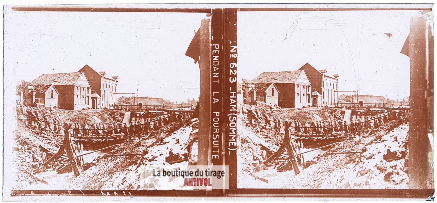 Canal de la Somme à Ham, guerre WW1, plaque verre photo ancienne stéréo 6x13 cm