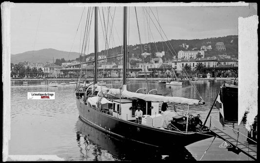 Sainte-Maxime, port, bateaux, Plaque verre photo, négatif noir & blanc 9x14 cm