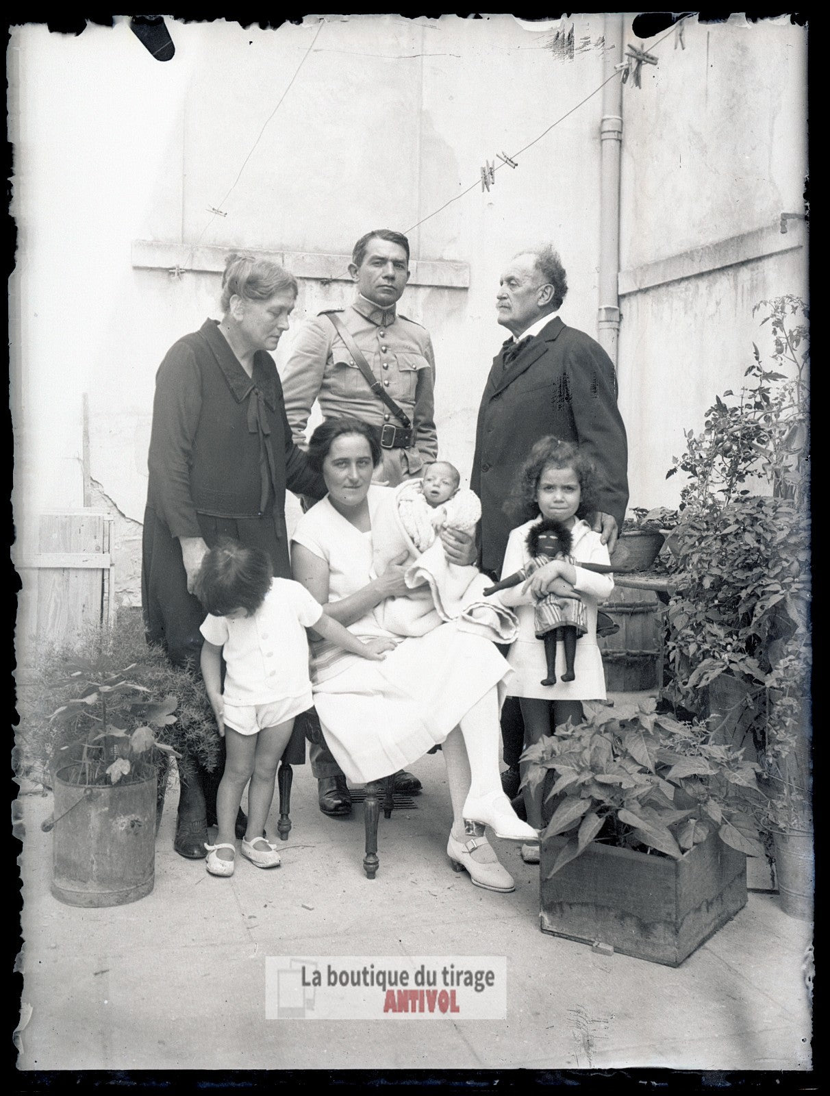 Portrait familial, soldat, plaque verre, photo ancienne, négatif 9x12 cm