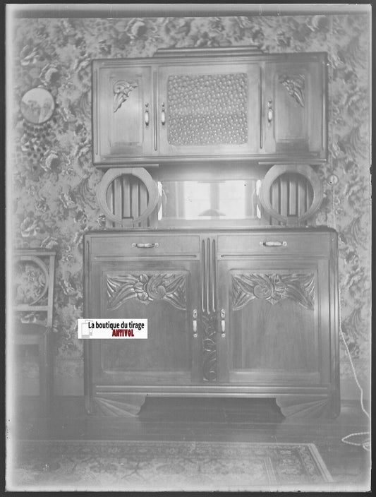 Meuble, maison, Plaque verre photo ancienne, négatif noir & blanc 9x12 cm