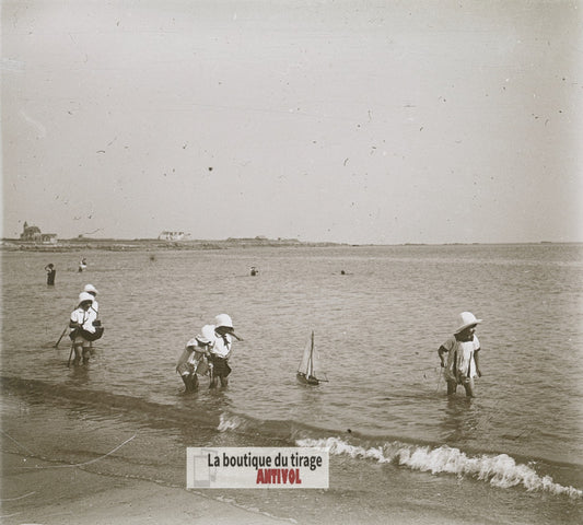 Plage de Quiberon, Bretagne, plaque verre photo ancienne stéréo 6x13 cm