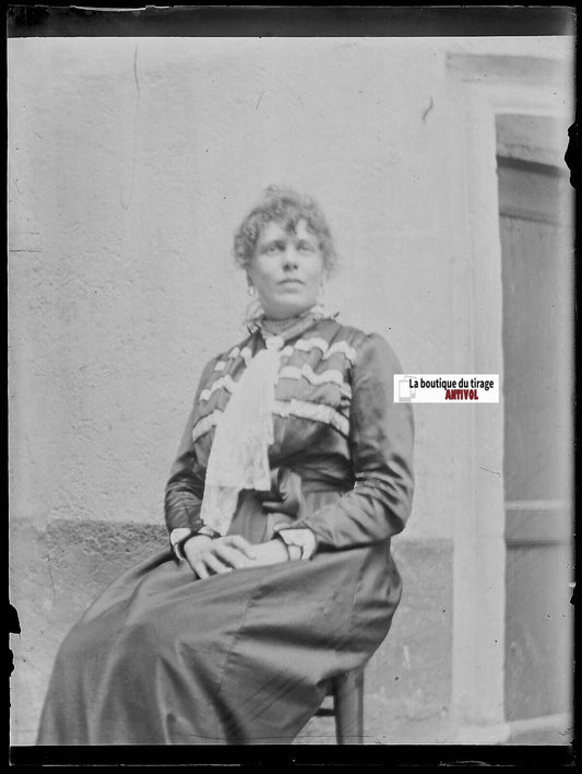 Portrait, dame, Plaque verre photo ancienne, négatif noir & blanc 9x12 cm