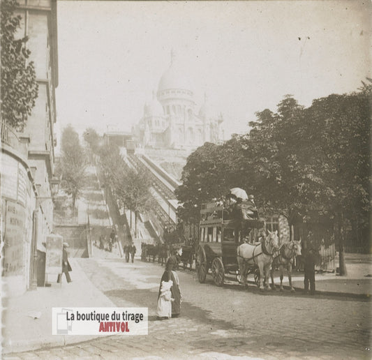 Paris, Sacré-Cœur, Montmartre, plaque verre stéréo, photo ancienne 4,5x10,7 cm
