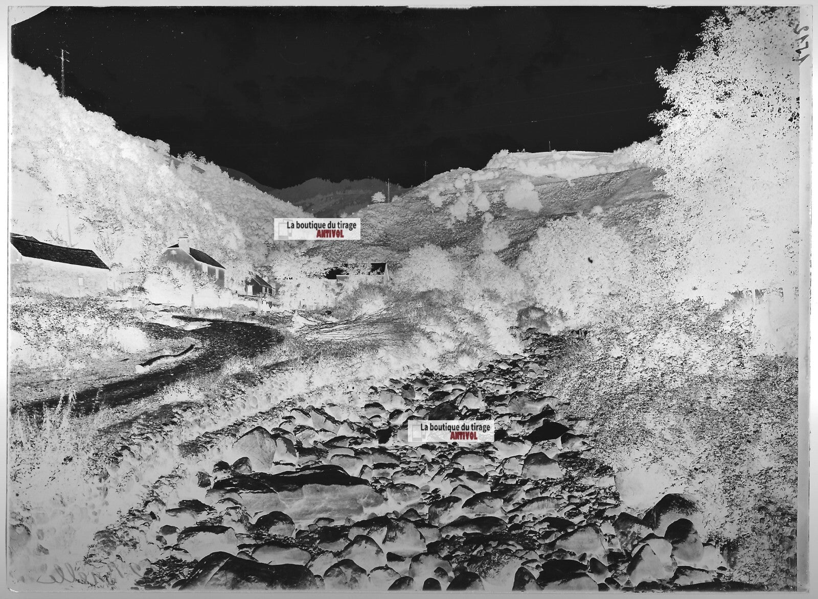 Plaque verre photo ancienne négatif noir et blanc 13x18 cm Bielle rivière France