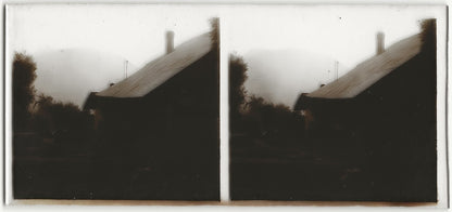 Montagne, maison, Plaque verre photo stéréo, positif noir & blanc 6x13 cm