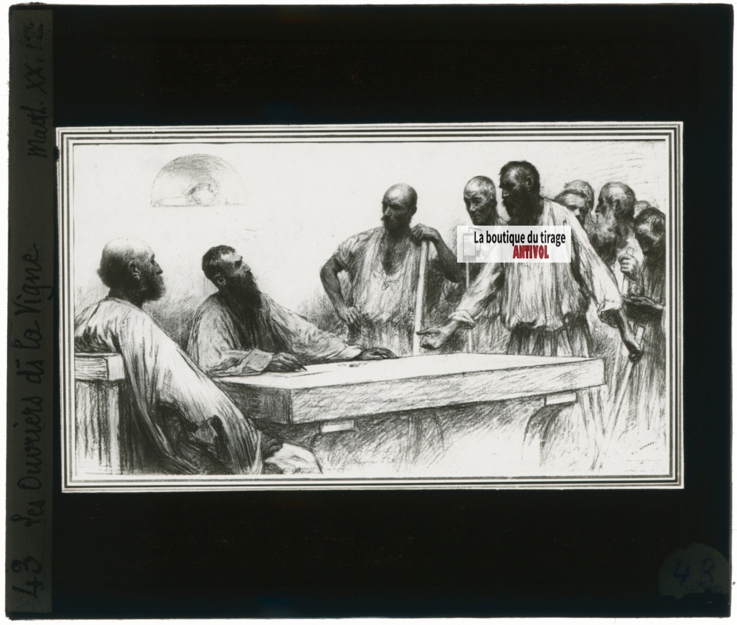 Matthieu, scène religieuse, dessin peinture plaque de verre, positif 8,5x10 cm