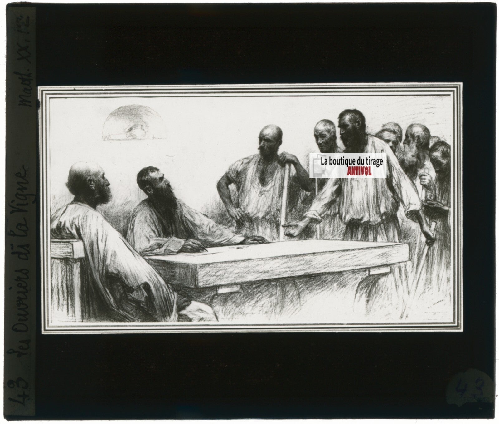 Matthieu, scène religieuse, dessin peinture plaque de verre, positif 8,5x10 cm