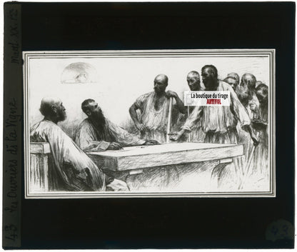 Matthieu, scène religieuse, dessin peinture plaque de verre, positif 8,5x10 cm